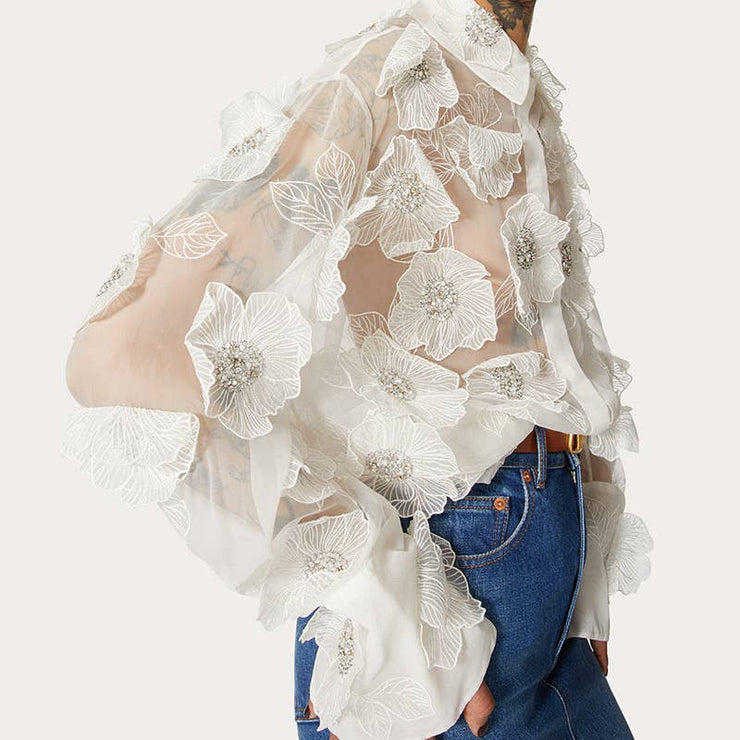 Luxe Organza Shirt with 3D Floral Sequin Detail