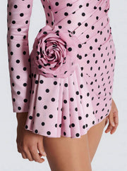 Pink Polka Dot Deep V Neck Dress with 3D Flower Details