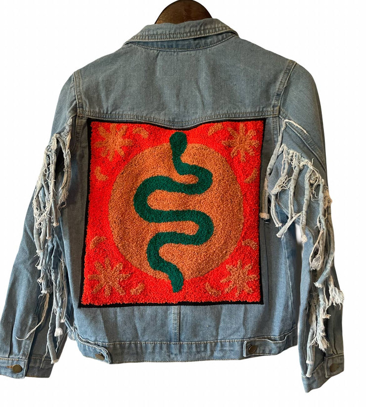 Embellished embroidered Denim fringe jacket (snake)