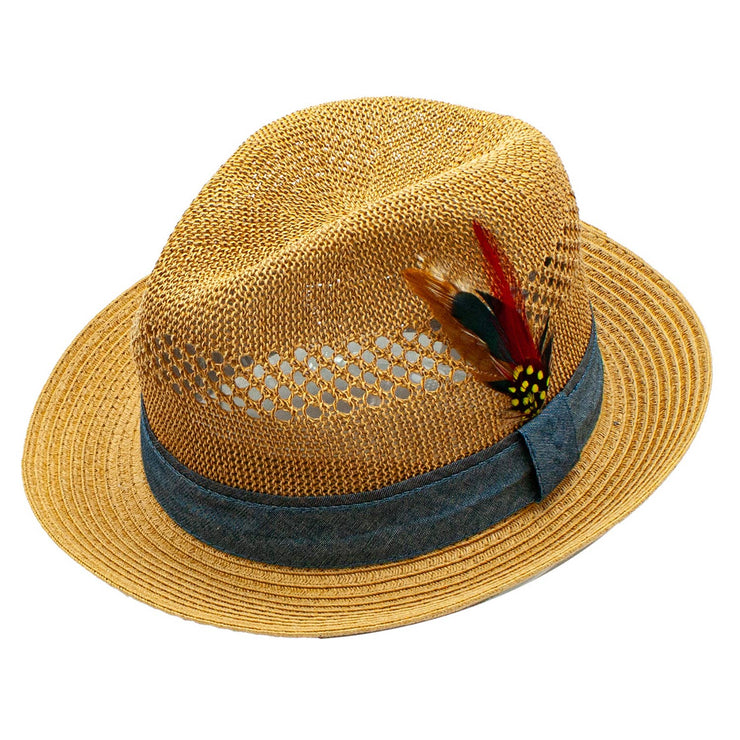 Shelby Toyo Straw Feather Denim Band Fedora Hat