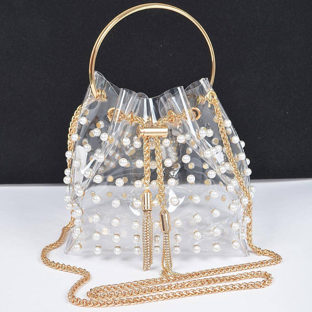 Clear Pearl Stud Bucket Bag W/chain Tassle