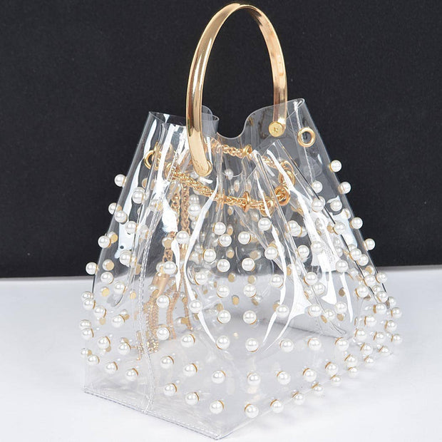 Clear Pearl Stud Bucket Bag W/chain Tassle