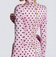 Pink Polka Dot Deep V Neck Dress with 3D Flower Details