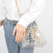 Clear Pearl Stud Bucket Bag W/chain Tassle