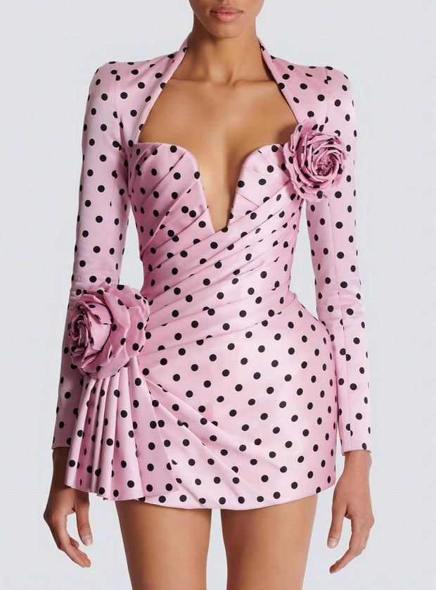 Pink Polka Dot Deep V Neck Dress with 3D Flower Details