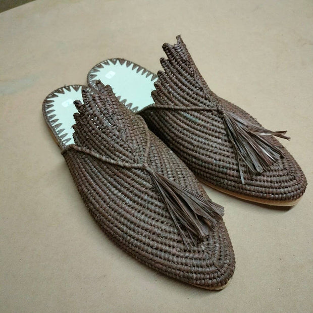 Handmade Raffia Slippers with Genuine Leather Soles