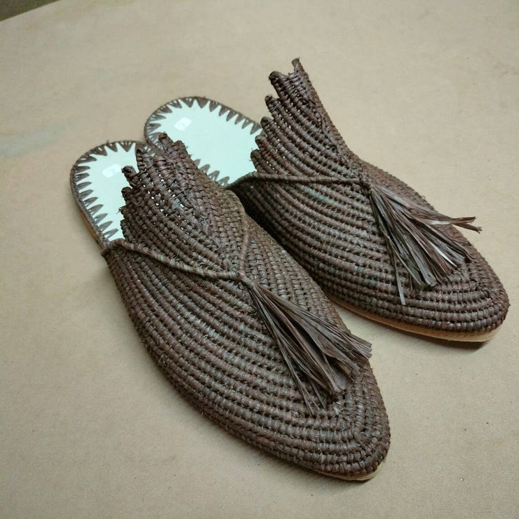 Handmade Raffia Slippers with Genuine Leather Soles