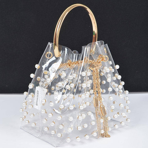 Clear Pearl Stud Bucket Bag W/chain Tassle