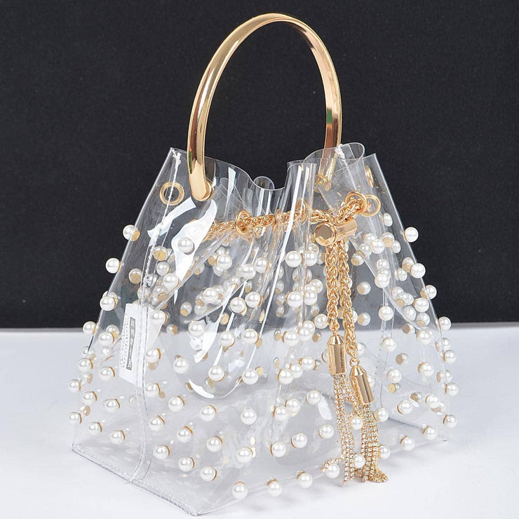Clear Pearl Stud Bucket Bag W/chain Tassle