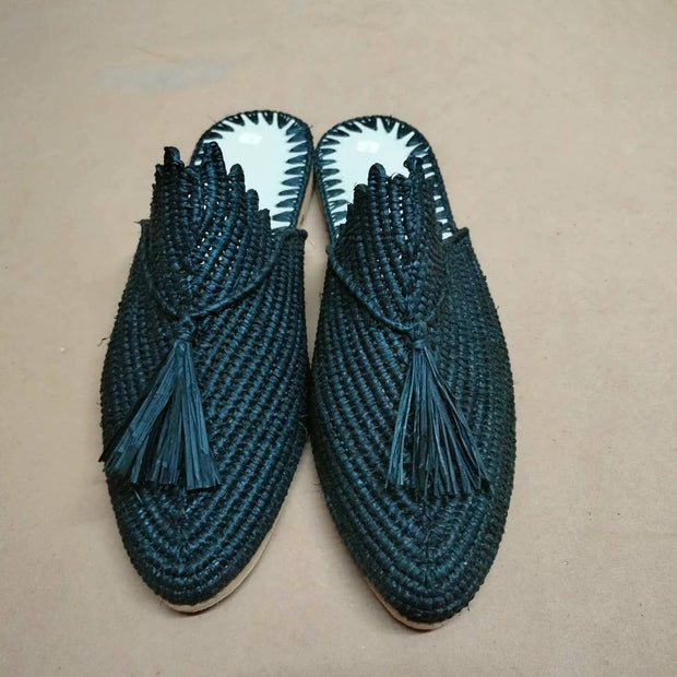 Handmade Raffia Slippers with Genuine Leather Soles