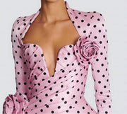 Pink Polka Dot Deep V Neck Dress with 3D Flower Details