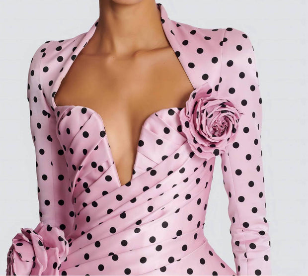 Pink Polka Dot Deep V Neck Dress with 3D Flower Details
