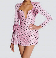 Pink Polka Dot Deep V Neck Dress with 3D Flower Details