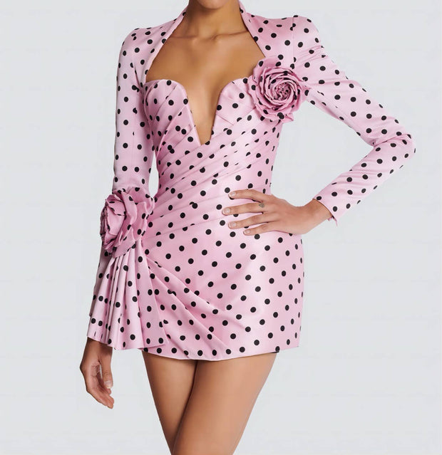 Pink Polka Dot Deep V Neck Dress with 3D Flower Details