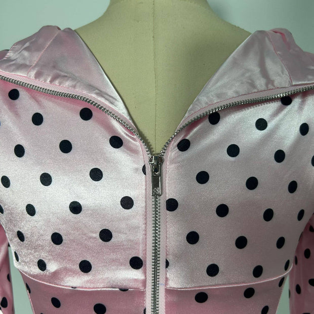 Pink Polka Dot Deep V Neck Dress with 3D Flower Details