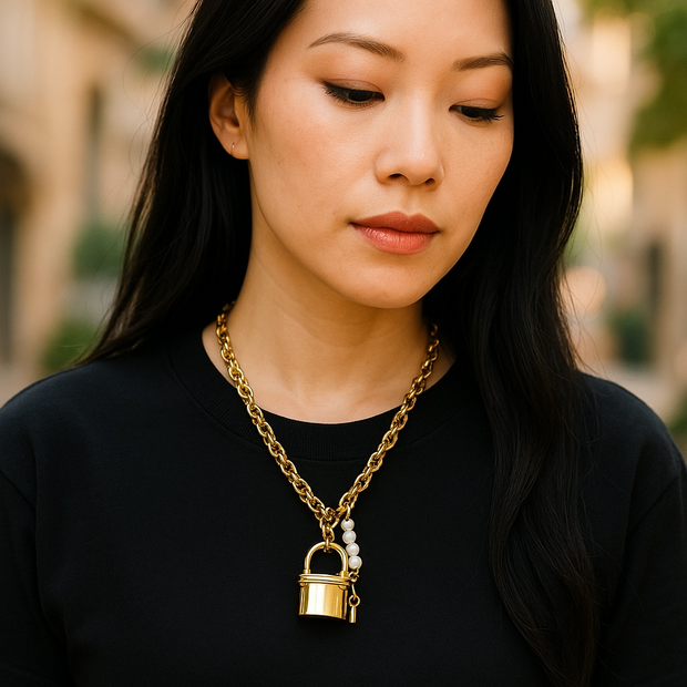 Lock and Pearl Gold Necklace