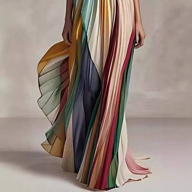 Colorful Strapless Pleated Maxi Dress
