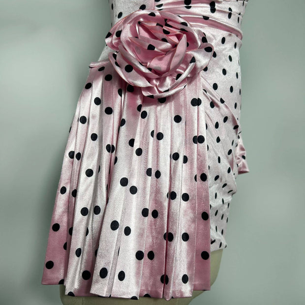 Pink Polka Dot Deep V Neck Dress with 3D Flower Details