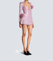 Pink Polka Dot Deep V Neck Dress with 3D Flower Details