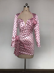 Pink Polka Dot Deep V Neck Dress with 3D Flower Details