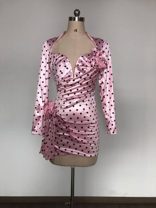 Pink Polka Dot Deep V Neck Dress with 3D Flower Details