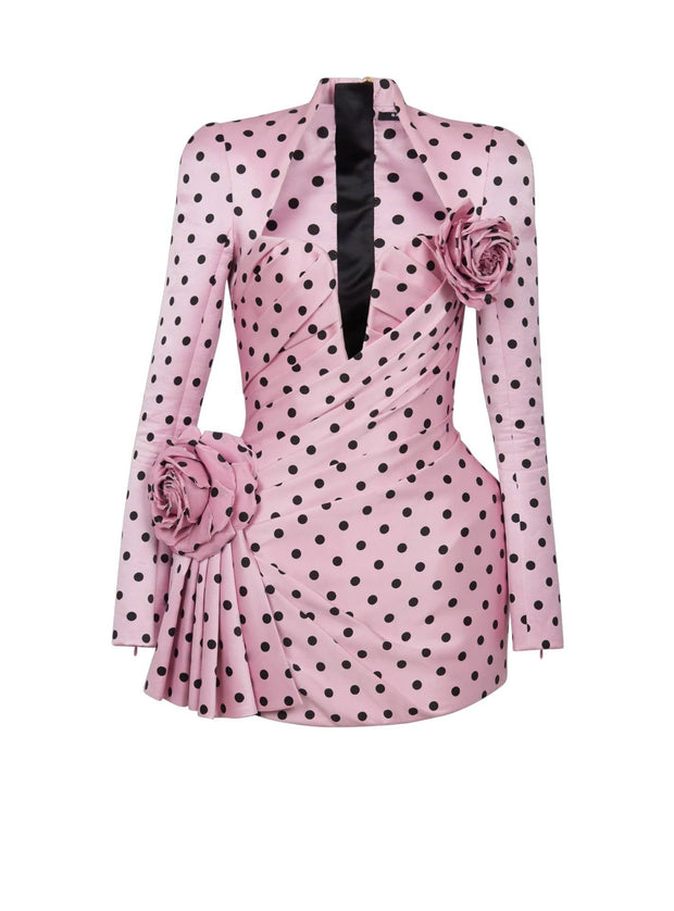 Pink Polka Dot Deep V Neck Dress with 3D Flower Details