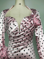 Pink Polka Dot Deep V Neck Dress with 3D Flower Details