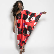 Red Black Tropical One Sleeve Kaftan Dress