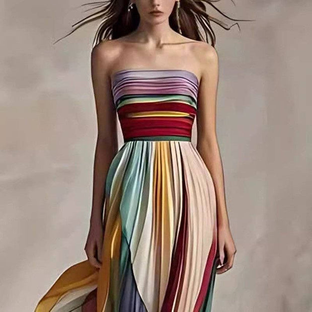 Colorful Strapless Pleated Maxi Dress