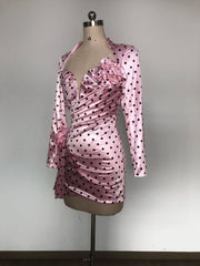Pink Polka Dot Deep V Neck Dress with 3D Flower Details
