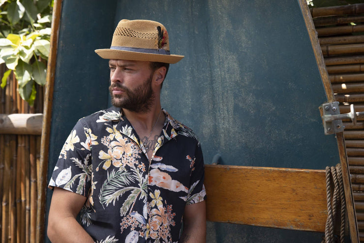 Shelby Toyo Straw Feather Denim Band Fedora Hat