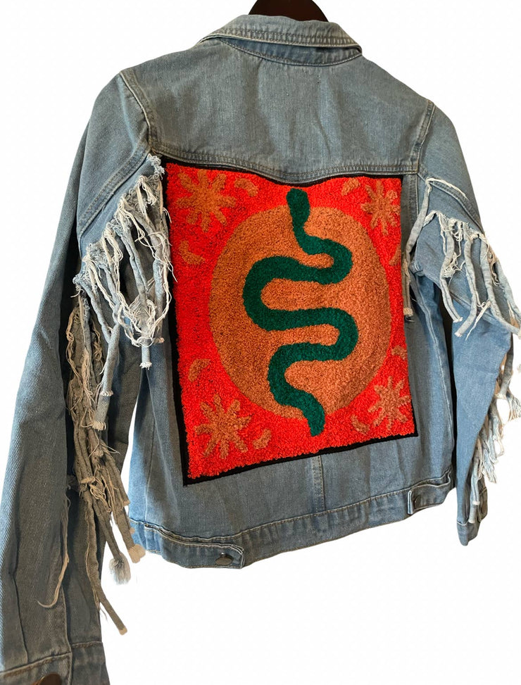 Embellished embroidered Denim fringe jacket (snake)