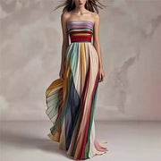Colorful Strapless Pleated Maxi Dress