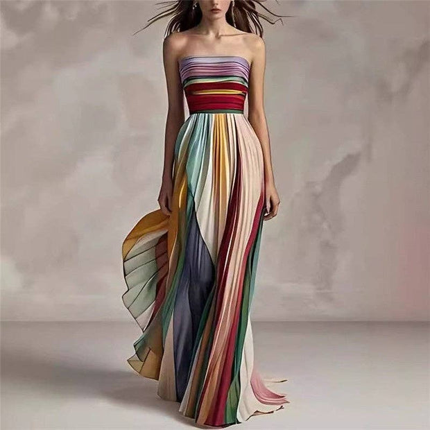 Colorful Strapless Pleated Maxi Dress