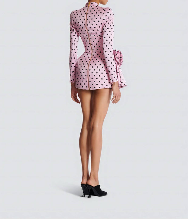 Pink Polka Dot Deep V Neck Dress with 3D Flower Details