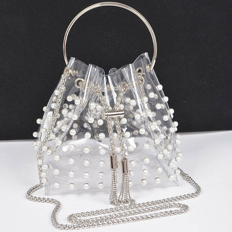 Clear Pearl Stud Bucket Bag W/chain Tassle