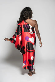 Red Black Tropical One Sleeve Kaftan Dress